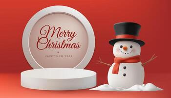 A cheerful 3D Christmas banner featuring a cute snowman character with a hat, with podium showcase. Red design. Perfect for winter greetings, social media, or posters. Not AI vector