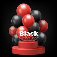 Black Friday 3D banner featuring red and black balloons, confetti, and a podium. Perfect for retail promotions, web banners, or posters with an elegant, festive vibe. Not AI. vector
