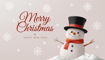 A cheerful 3D Christmas banner featuring a cute snowman character with a hat, surrounded by festive elements like snowflakes and a tree. Perfect for winter greetings, social media, or posters. Not AI vector