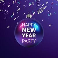 A festive New Year party banner with neon 3D sphere, confetti in blue and purple tones. Shiny and abstract, perfect for winter celebrations, greeting cards, and invitations. Not AI. vector