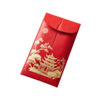 Red envelope with gold embossed illustration of traditional Chinese pagoda and floral branches. Elegant design for Chinese New Year symbolizing prosperity and heritage. png