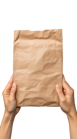 Hands holding brown paper bag with rustic texture on transparent background png