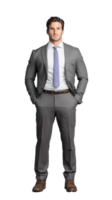 Man in gray suit with hands on hips on transparent background png