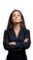 Woman in black blazer with arms crossed, looking upwards on transparent background png