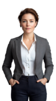 Professional woman in business attire with hands on hips on transparent background png