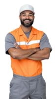 Smiling male worker in orange and gray uniform with arms crossed on transparent background png