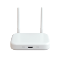 White wireless router with dual antennas on transparent background, representing connectivity and tech use png