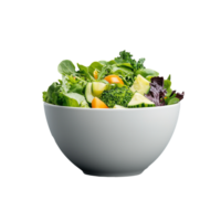 Bowl of mixed leafy green salad with various vegetables on transparent background png