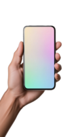 Hand holding blank screen smartphone facing forward on transparent background png