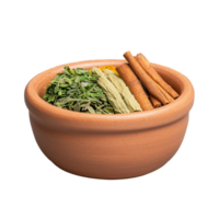 Terracotta bowl with dried herbs and cinnamon sticks, transparent background png
