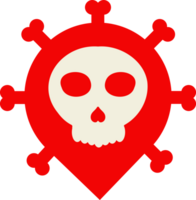 a red skull with bones in the center of a map pin png