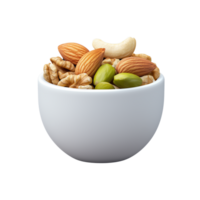 Mixed nuts in a white bowl on transparent background, emphasizing healthy snack and nutrition png