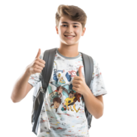 A boy with a backpack and a shirt that says the gang is all here png