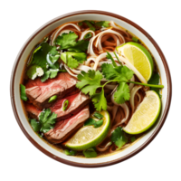 A bowl of beef and noodles with lime png