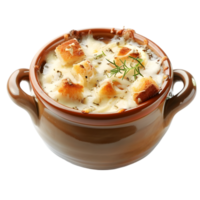 A bowl of soup with bread and cheese png