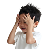 jovem Garoto esconde face com mãos dentro tímido ou envergonhado expressão. sincero momento capturando infância emoções e inocência com brincalhão, tímido gesto png