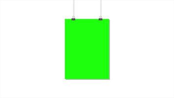 Paper hanging on clip animation. Poster mockup with green screen. Realistic empty banner. Seamless loop animation video
