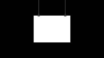 Paper hanging on clip animation. Poster mockup with white frame. Realistic empty banner. Seamless loop animation. Transparent background with alpha channel video