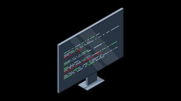 Isometric monitor with program code on screen animation. Programming concept. Web development. Transparent background with alpha channel video