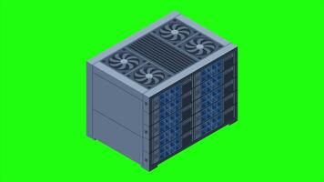 Isometric server animation. Server racks. Server boxes isolated. Network server room. Computer network technology. 4K animated in isometric style video