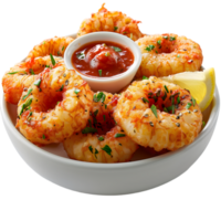 A bowl of shrimp with a dipping sauce png