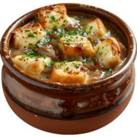 A bowl of soup with bread and cheese png