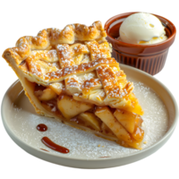 A slice of pie on a plate with a scoop of ice cream png