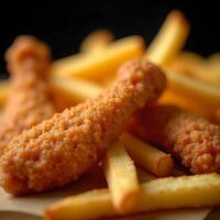 Macro close-up of fried chicken and fries photo
