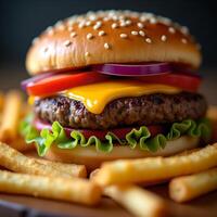 Macro close-up of hamburger and fries photo