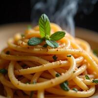 A close-up photograph of a dish of garlic pasta photo