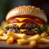 Macro close-up of hamburger and fries photo