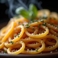 A close-up photograph of a dish of garlic pasta photo