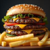 Macro close-up of hamburger and fries photo