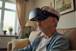 Elderly people play games by wearing VR glasses, which can stimulate brain activity and help prevent aging. photo
