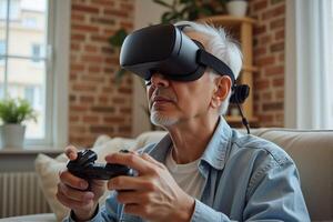 Elderly people play games by wearing VR glasses, which can stimulate brain activity and help prevent aging. photo