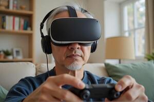 Elderly people play games by wearing VR glasses, which can stimulate brain activity and help prevent aging. photo