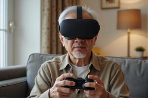 Elderly people play games by wearing VR glasses, which can stimulate brain activity and help prevent aging. photo