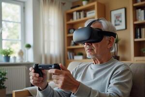 Elderly people play games by wearing VR glasses, which can stimulate brain activity and help prevent aging. photo