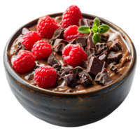 A bowl of chocolate pudding with raspberries and chocolate chips png