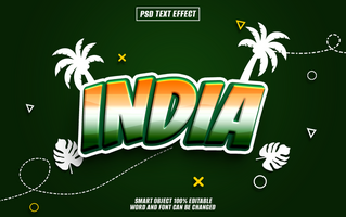 3D Text Effect of the word India in the colors of the Indian flag with palm trees and leaves on a green background. psd