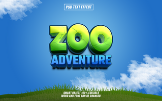 3D text effect Zoo Adventure in a green and blue color scheme against a backdrop of a blue sky and white clouds. psd