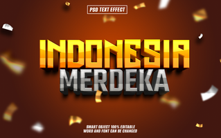 3D text effect of Indonesia Merdeka in bold, with a shadow on a dark brown background with white and gold confetti. psd