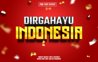 3D text effect Dirgahayu Indonesia in yellow and white on a red background with white and gold confetti. psd