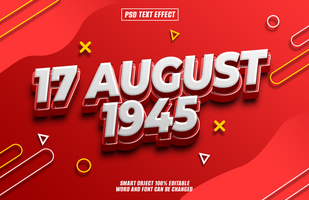 3D text effect 17 August 1945 on a red background with yellow and white geometric shapes. psd