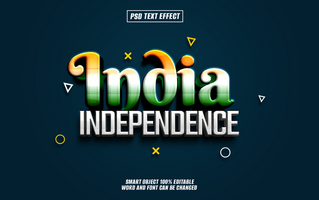 3D text effect of the word India in the colors of the Indian flag, with the word 'Independence' below. psd