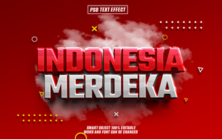 3D text effect with Indonesia Merdeka written in bold red and white letters on a red background with a white cloud. psd