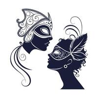 Two women in masks and feathers, one with a feather and the other with a mask vector