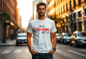 Young man in blank oversize t-shirt mockup used as design template, isolated on white background with clipping path. psd