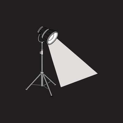 A black and white illustration of a spotlight on a tripod
