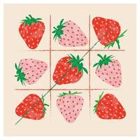 Strawberries tic tac toe colorful wallpaper print background. Fruit illustration isolated on background. Greeting card background with strawberries for your design vector